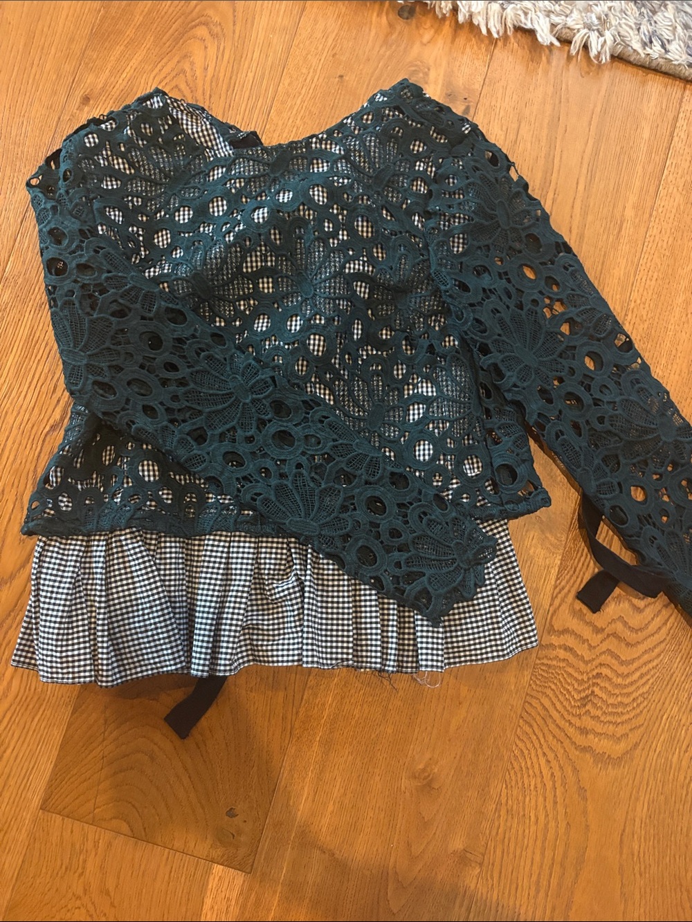 Maeve Teal Lace Overlay Top with Gingham Ruffle